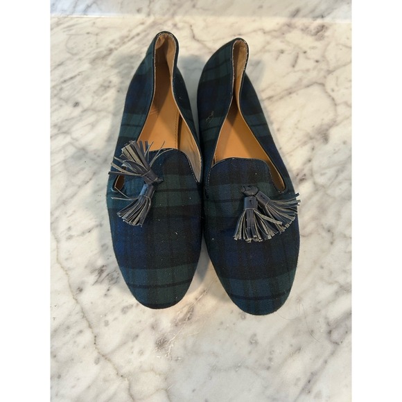 J Crew Womens Blackwatch Tartan Plaid Smoking Slipper Loafer Blue Green Sz 9 - Picture 1 of 5